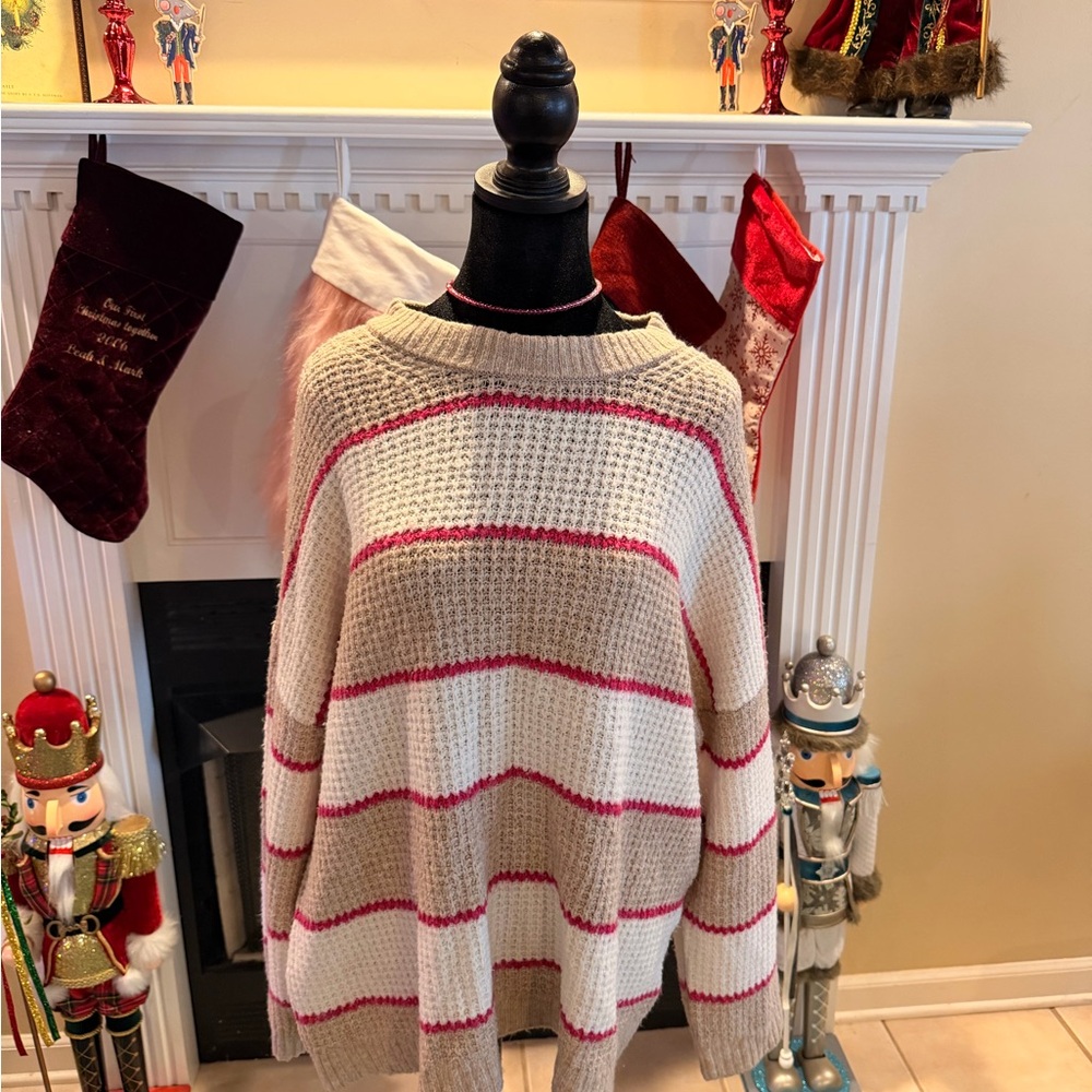American Eagle Outfitters Women's Sweater - Cream and Pink Stripes